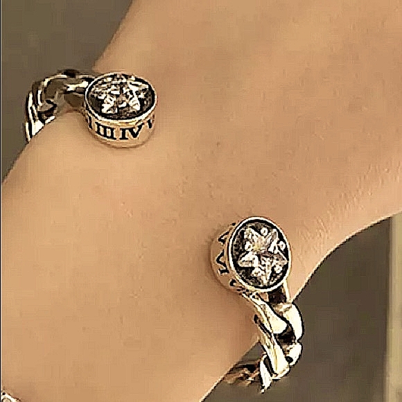 Vintage Sterling Silver Star Zircon Bangle Cuff Bracelet - Picture 3 of 11